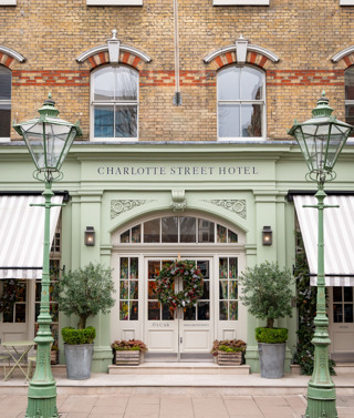 The exterior of Charlotte Street Hotel decorated for Christmas