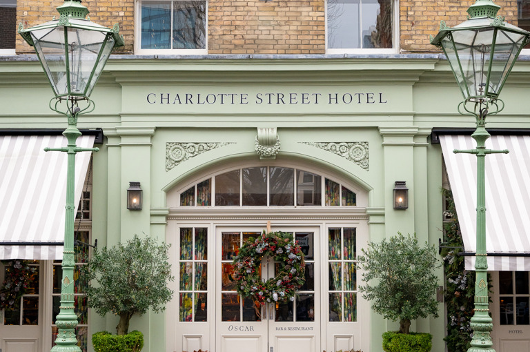 The exterior of Charlotte Street Hotel decorated for Christmas