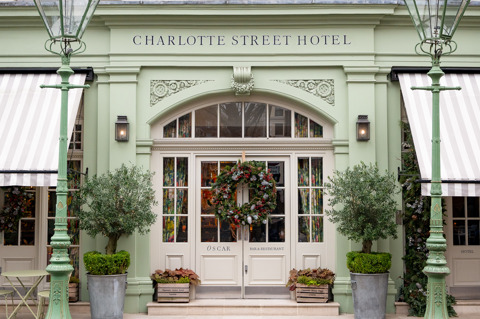 The exterior of Charlotte Street Hotel decorated for Christmas