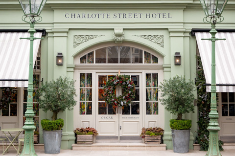 The exterior of Charlotte Street Hotel decorated for Christmas
