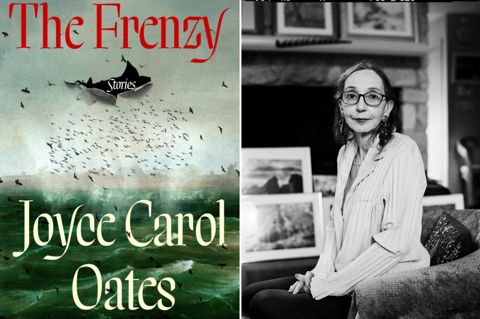 Two portrait images stitched together. On the left, the book jacket for 'The Frenzy' by Joyce Carol Oates. On the right, a black and white headshot of Joyce Carol Oates
