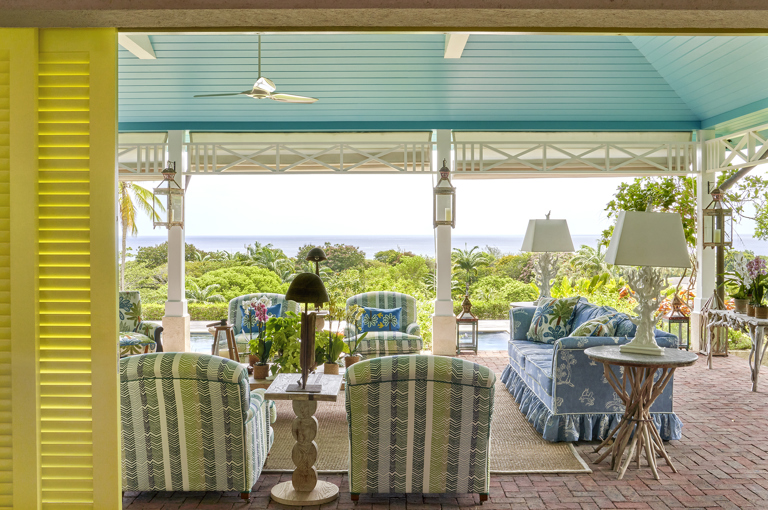An image of the seating area in the outdoor terrace at Rossferry, the Caribbean property managed by Firmdale Hotels. 