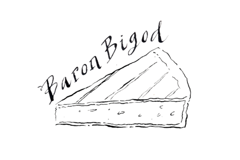 A black line illustration of a triangle wedge of cheese with Baron Bigod written above on a transparent background