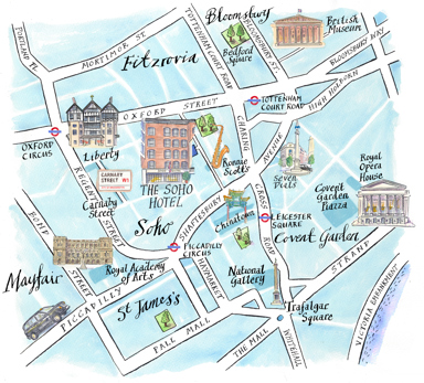 An illustrated map of Soho surrounding The Soho Hotel. Larger fonts and icons signify key areas including Royal Academy of Arts, Liberty, Chinatown, Washington Square Gardens, The Brooklyn Bridge and East Village and nearby underground stations