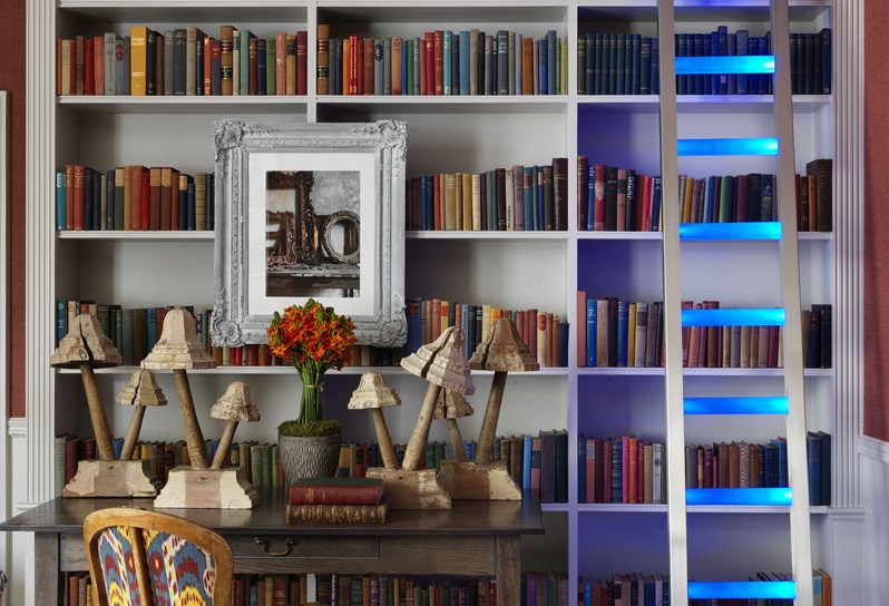 A blue illuminated ladder leaning against a full book case covering a wall, with a desk containing fresh flowers and quirky art details and chair in front.
