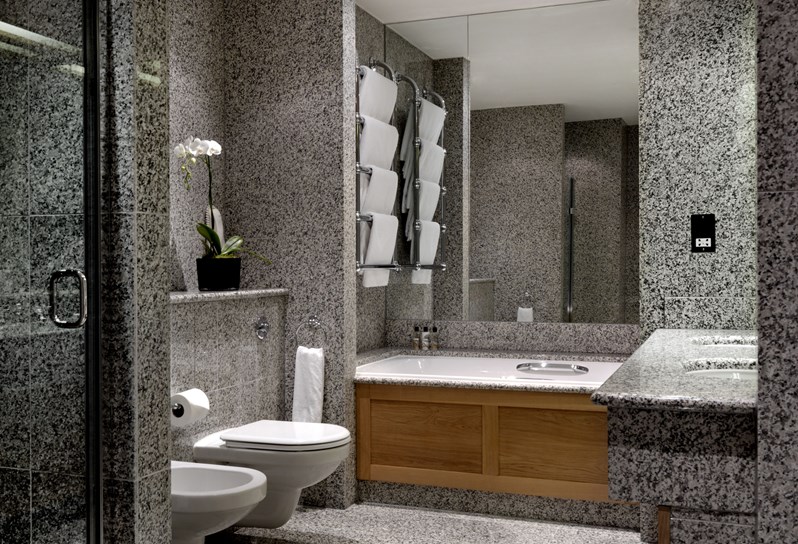 Grey granite bathroom with walking shower, toilet and bidet on the left, bath on the back and double vanity on the right