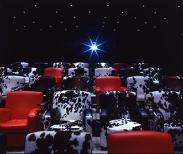 The screening room at Soho Hotel.  Cinema style red leather chairs are interspersed with black and white cowhide chairs. In the background is a projector pointing towards the screen.