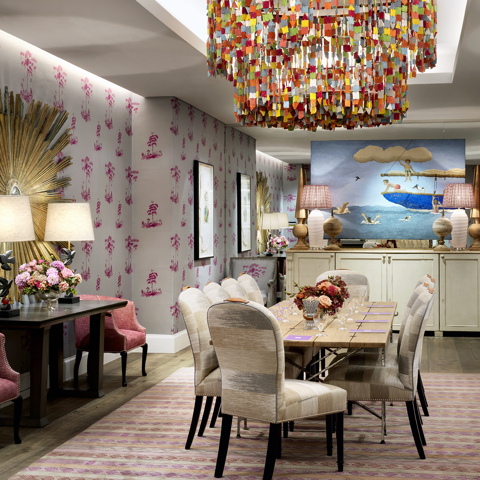 Long meeting table set-up in the Spring private events room at Crosby Street Hotel