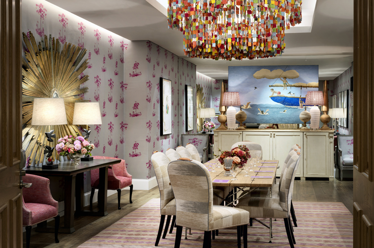 Long meeting table set-up in the Spring private events room at Crosby Street Hotel