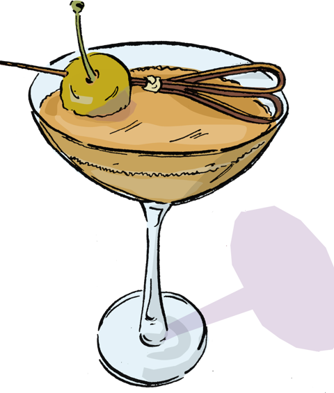An illustration of a yellow toned tall cocktail, garnished with an olive 