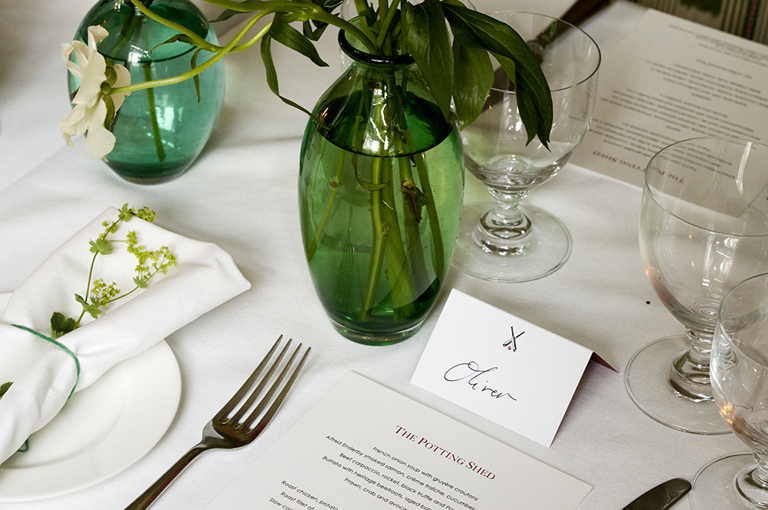 Close shot of a wedding table set-up in the Potting Shed at Dorset Square Hotel