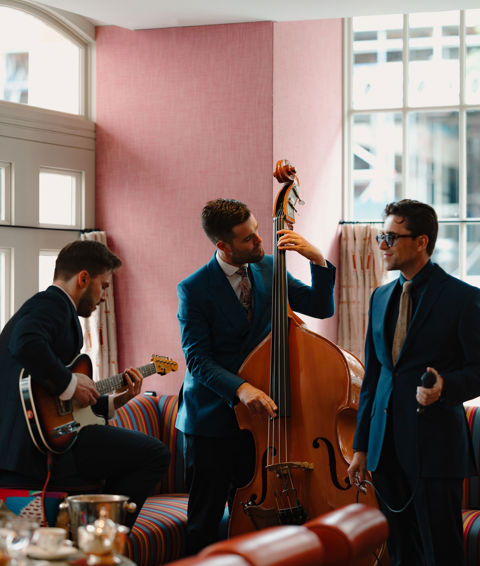A portrait shot of the Leon Garner Jazz Trio playing at Brumus