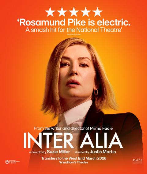 A promotional poster for the play 'Inter Alia'. In the middle of an orange backdrop, the head and shoulders of a blond haired stern-looking woman dressed in a suit. There is text about the show written in white above and below her