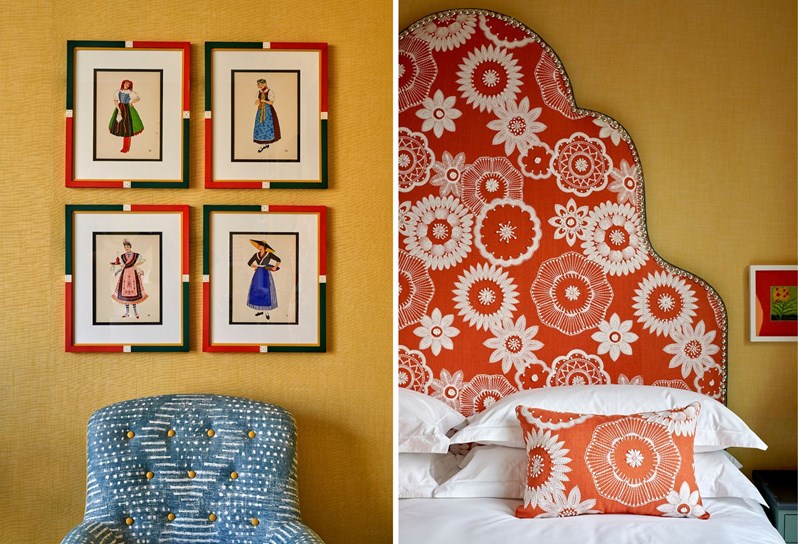 Two portraits stitched together. On the left, a blue and white patterned armchair in front of yellow wall, there are four paintings of different women hanging above. On the right, a bed with an orange headboard and cushion with white floral stitching in front of a yellow wall.