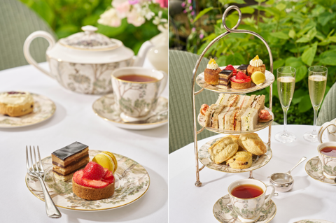 Two portrait images stitched together: The left image is a close up shot of the cakes from Afternoon Tea at Number Sixteen, and the right image shows the afternoon tea stand with two glasses of champagne