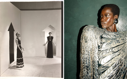 Images from the Schiaparelli Exhibition at the V&A on a black and white photograph of two models dressed in her designs and the other a contemporary image of a model in a dress of silver feathers