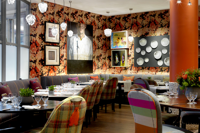 Diagonal shot of the Refuel Restaurant at The Soho Hotel