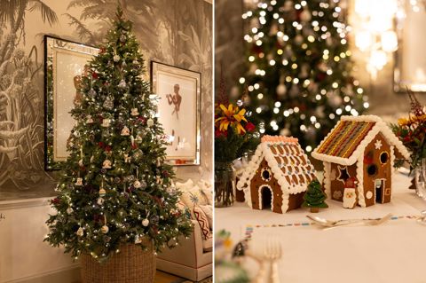 Two portraits stitched together. On the left, a Christmas tree in the Shooting Gallery at Haymarket Hotel. On the right, a gingerbread house at Haymarket Hotel