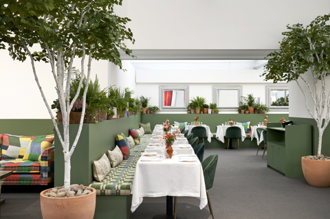 A wide shot of Ham Yard Restaurant at Frieze Masters designed by Kit Kemp Design Studio