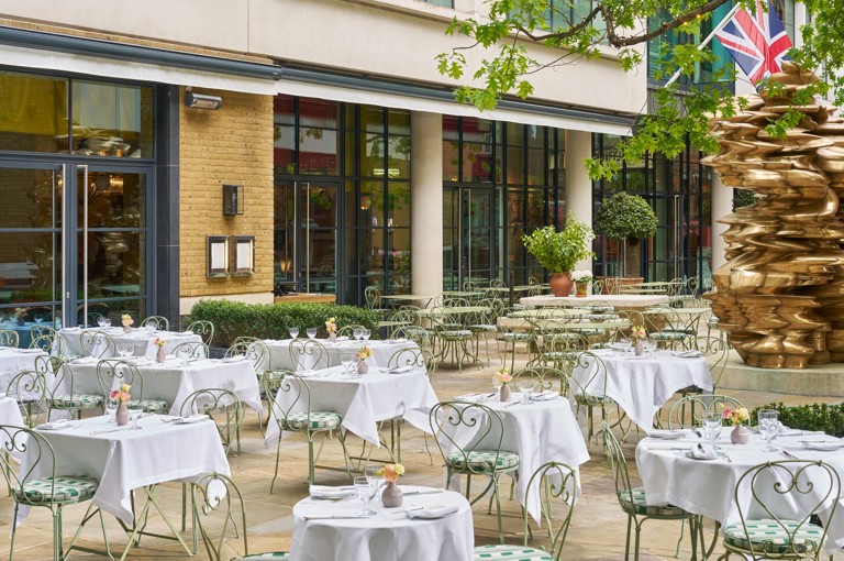 Wide shot of the Courtyard at Ham Yard Hotel