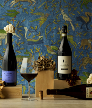 Wide shot of three bottles of wine on a table for Firmdales journal article about pairing wine with mushrooms.