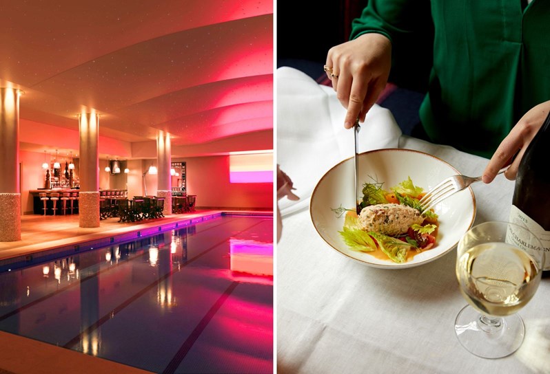 Two images stitched together. On the left, an underground swimming pool and bar bathed in a pink light installation, with small tables and chairs set up along the edge. On the right, the bottom half of woman sat at a dining table. She is cutting into a dish of crab salad, there is a glass of white wine to the right.