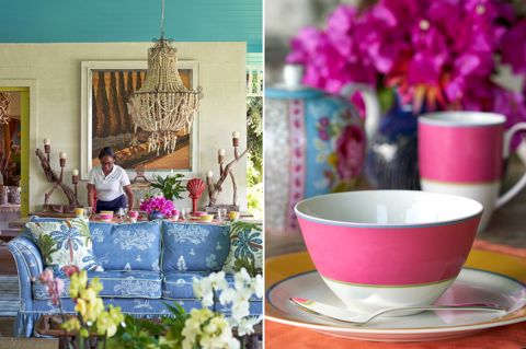 A stitched image of Rossferry the property in Barbados managed by Firmdale Hotels. On the left the image shows a member of staff setting the long dining table with the calypso collection by Kit Kemp x Spode, the image also shows the dining table from the drawing room which sits behind a blue sofa. The right hand side image, is a close up of a pink bowl from the Calypso collection Kit Kemp x Spode.