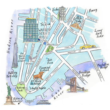 An illustrated map of Tribeca surrounding Warren Street Hotel. Larger fonts and icons signify key areas including the One World Trade Center, Statue of Liberty, Little Italy and nearby underground stations.