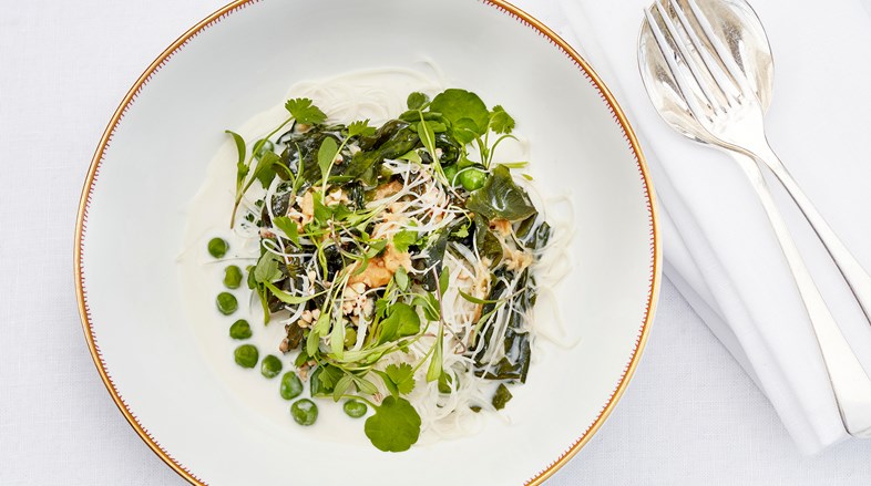 Over head image of vibrant bowl of miso noodles garnished with fresh herbs