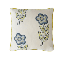 Product shot of Cushion made using Tasha's Trip old blue fabric with a yellow contrasting piping.