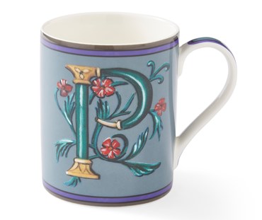 The teal "P" on this navy mug forms the ideal structure to support the abundance of this climbing plant, bursting with pink flowers, and woven into the letter's form.