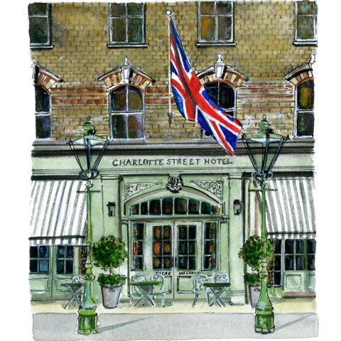 A watercolor-style illustration of Charlotte Street Hotel London exterior.