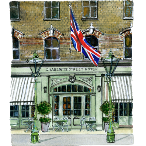 A watercolor-style illustration of Charlotte Street Hotel London exterior.