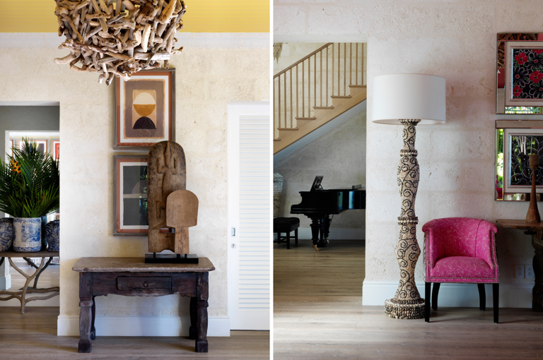 Two portrait images stitched together. On the left, a wooden console table can be seen with some artwork on top, a plant pot can be seen on the side. On the right, a pink arm chair and a tall lampshade at Rossferry.