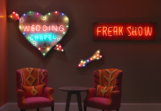 An image of the neon sign artwork in the private event space, The Dive Bar, at Ham Yard Hotel.