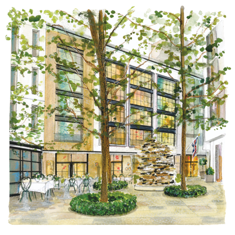 A watercolor-style illustration of Ham Yard Hotel London exterior.