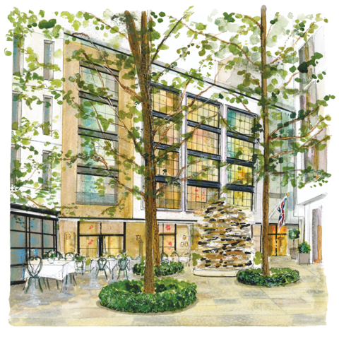 A watercolor-style illustration of Ham Yard Hotel London exterior.