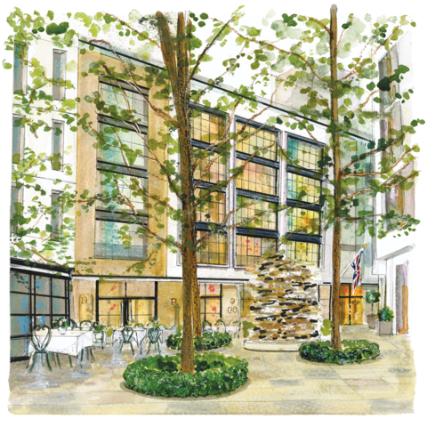 A watercolor-style illustration of Ham Yard Hotel London exterior.