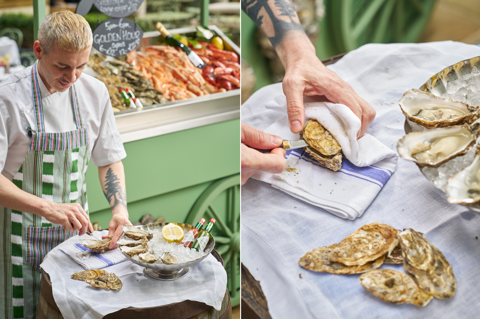 Two portrait images stitched together: The left image displays a green oyster cart with a chef standing in front, and the right image is a close-up shot of the chef shucking an oyster