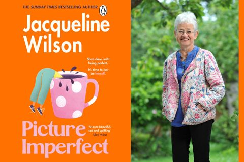 Two portrait images stitched together. On the left, the book jacket for 'Picture Imperfect' by Jacqueline Wilson displaying an orange background with an illustration of a woman falling in to a mug of coffee. On the right, a portrait shot of author Jacqueline Wilson standing in a garden