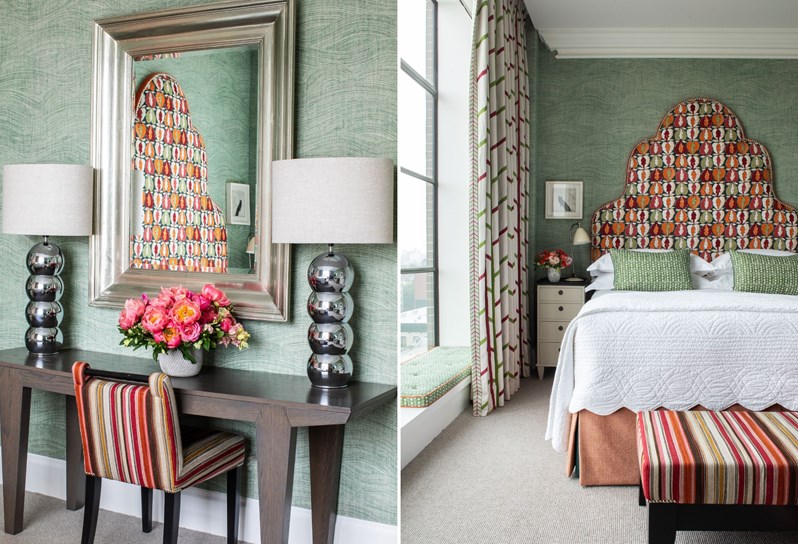 Split image of The Deluxe Room Top Floor, 1003, at Crosby Street Hotel. On the left, a close up of the desk. On the right, a close up image of the bed.