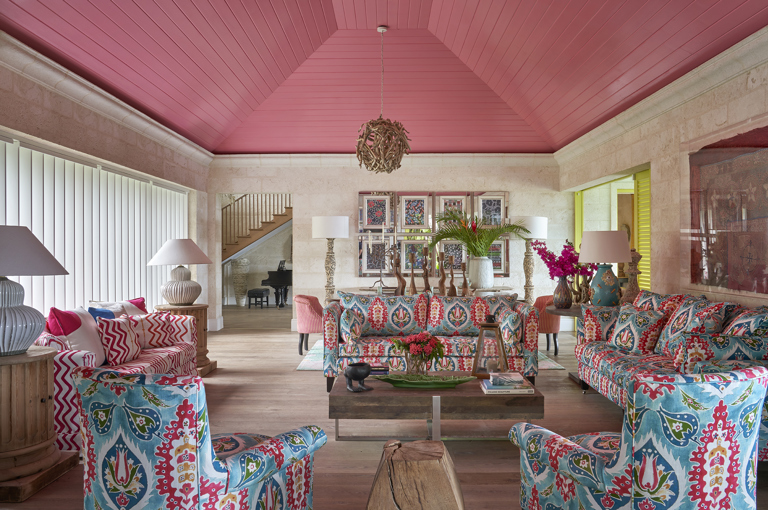 An image of the seating area in the Drawing Room at Rossferry, the Caribbean property managed by Firmdale Hotels. 