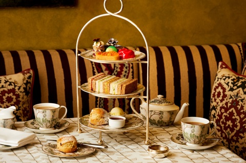An afternoon tea set up on a table at Brasserie Max