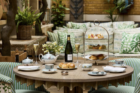 Wide shot of traditional Afternoon Tea in the Orangery at Ham Yard 