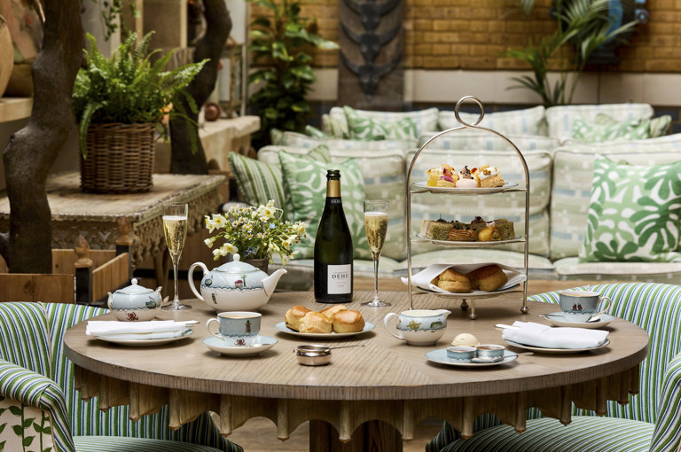 Wide shot of traditional Afternoon Tea in the Orangery at Ham Yard