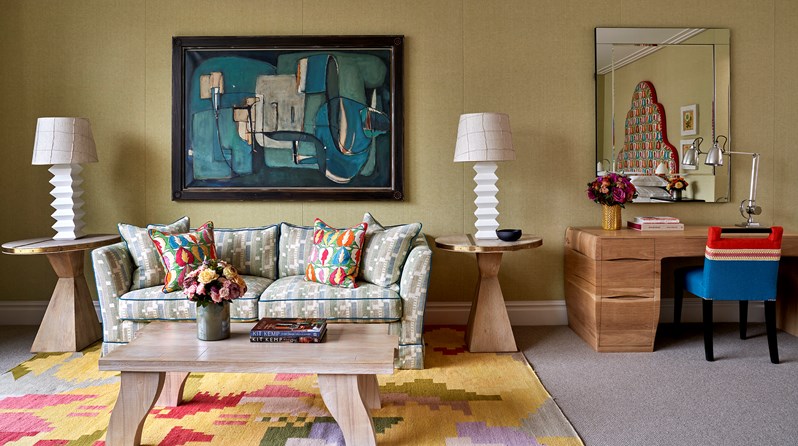 The living room area of the Soho Suite at The Soho Hotel