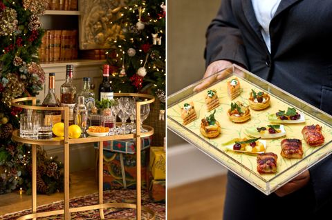 This stitched image shows festive entertaining at Haymarket Hotel, on the left, a drinks trolley stocked with spirits, wine, glassware and cocktail ingredients beside a beautifully decorated Christmas tree, on the right, a selection of seasonal canapés being served on a tray made from Kit Kemp wallpaper..