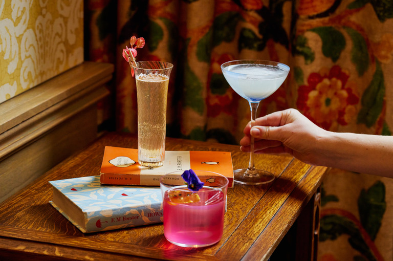 A close-up wide angle shot of a selection of cocktails from the Bloomsbury Group cocktail collection at Oscar Bar & Restaurant