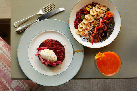 Breakfast at Ham Yard. Plates of french toast with rhubarb and an acai bowl