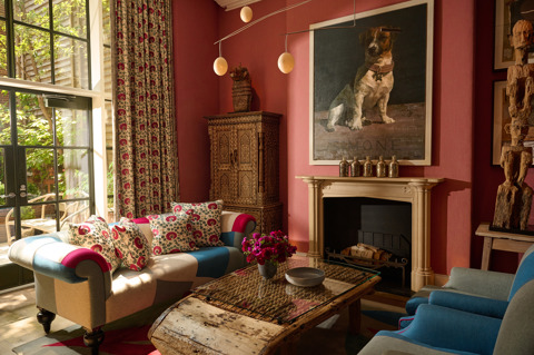 Diagonal shot of the Drawing Room at Crosby Street Hotel